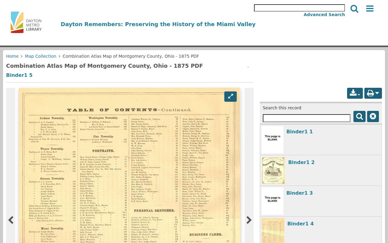 Riverside city directory research source showing the Dayton Remembers 1875 Montgomery County atlas collection