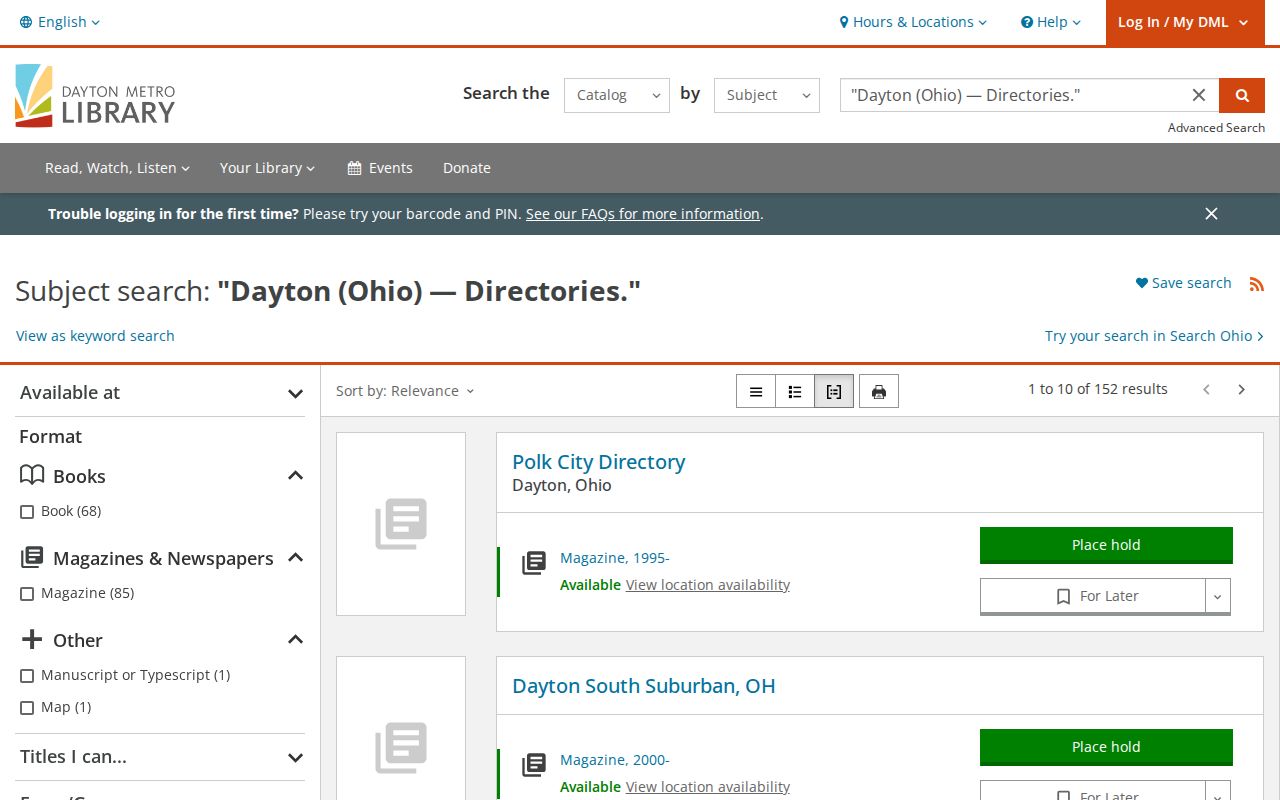 Riverside city directory research source showing the Dayton Metro Library directory catalog