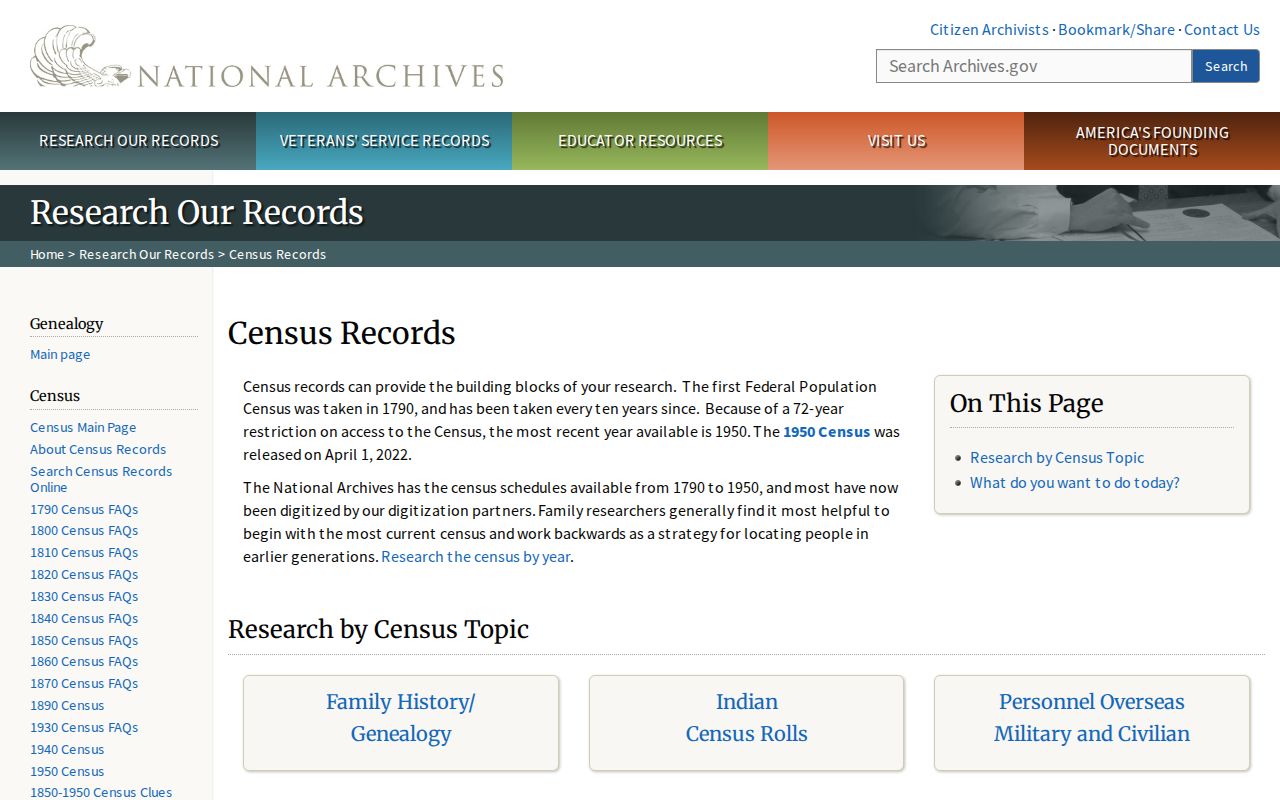 National Archives census research page used with Riverside directory years